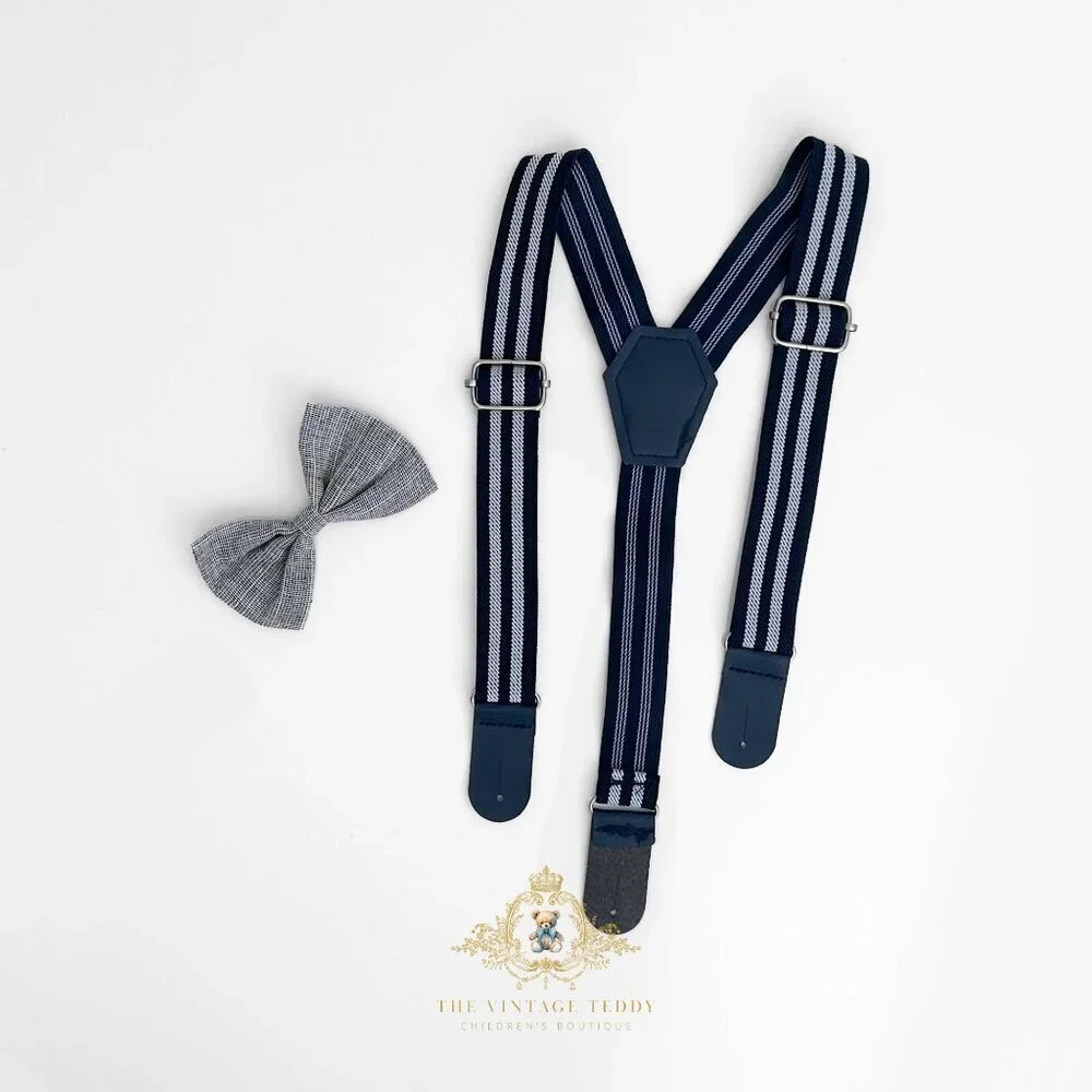 NWT Handsome Boys Oxford Shirt Bow Tie Pants & Suspenders Matching Set 6-9M